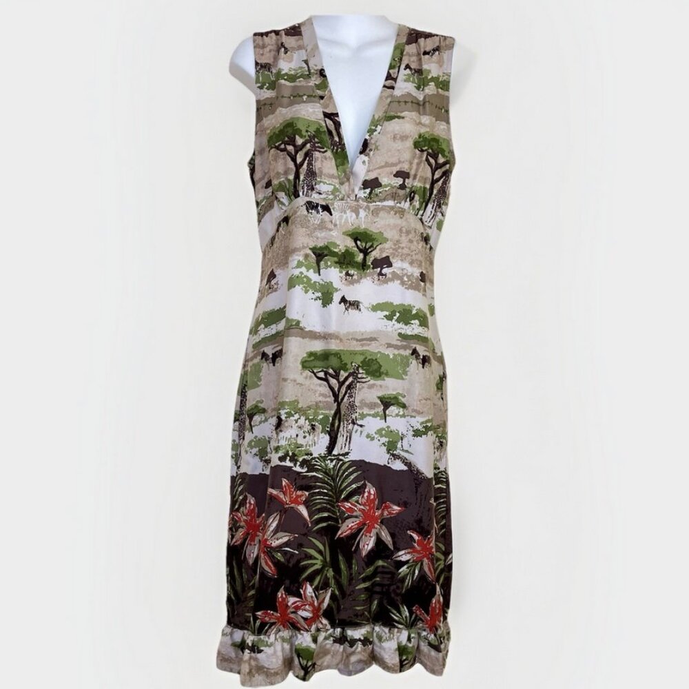 Safari Print Sleeveless Dress Empire Waist Vintage Y2K Line Two Women's Medium